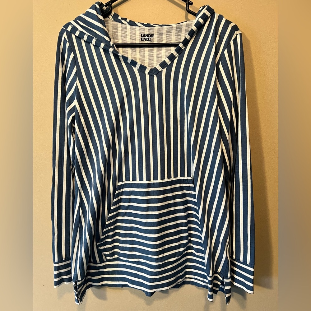 Lands End size M blue and white vertical striped nautical hooded pullover.